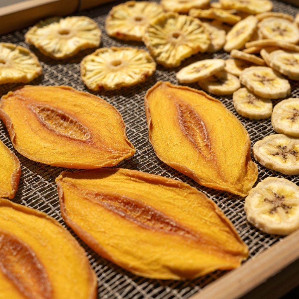 Dried mango slices on mesh drying bed