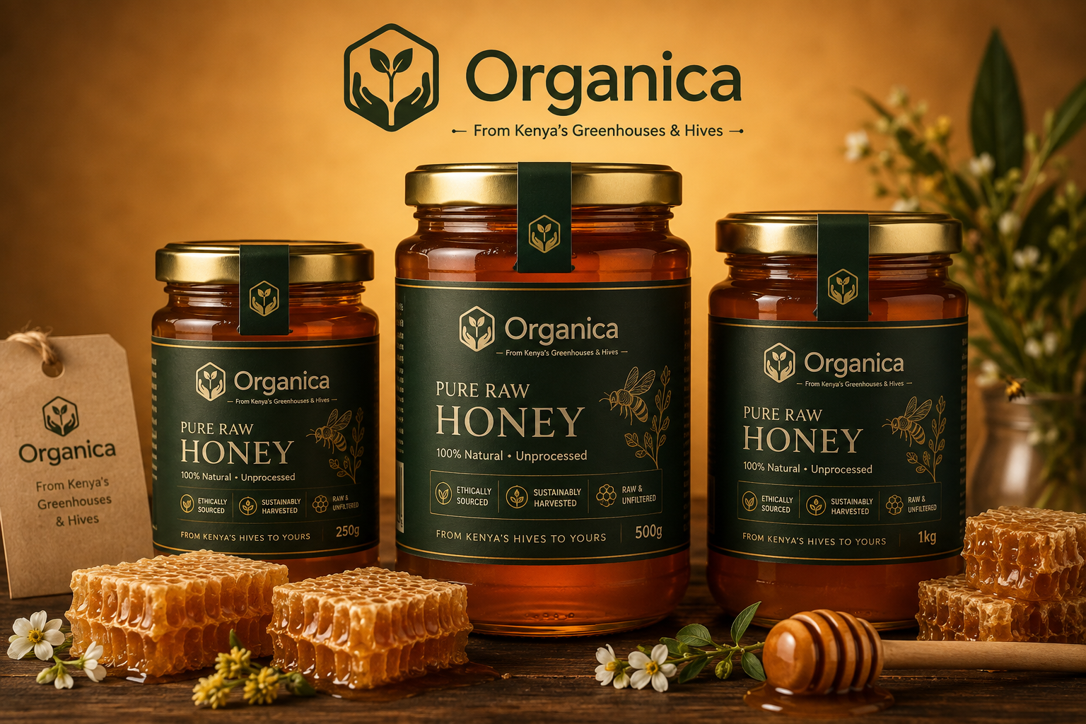 Branded honey jars arranged on wooden surface